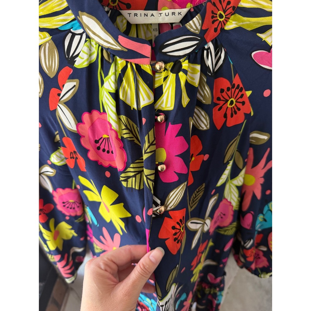 Trina Turk XS Silk Mini Dress Floral Navy Blue Mock Neck Long Sleeve Ruffle Hem - Picture 4 of 9